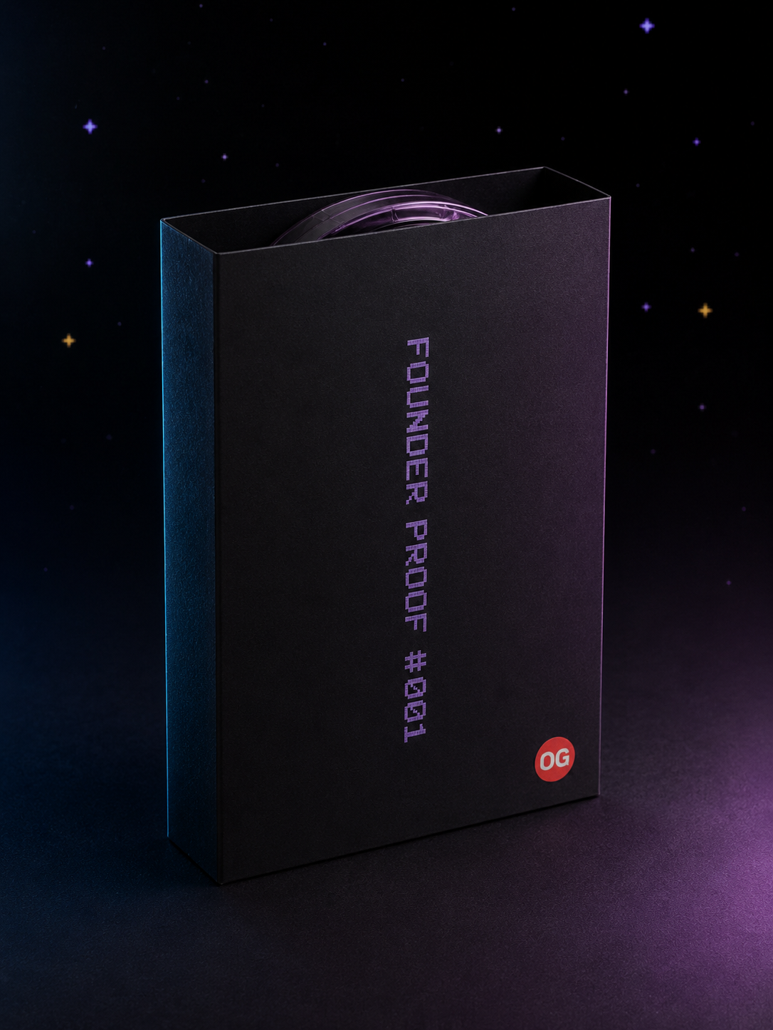 Founder Proof #001 matte black collector sleeve, lavender foil-stamped.