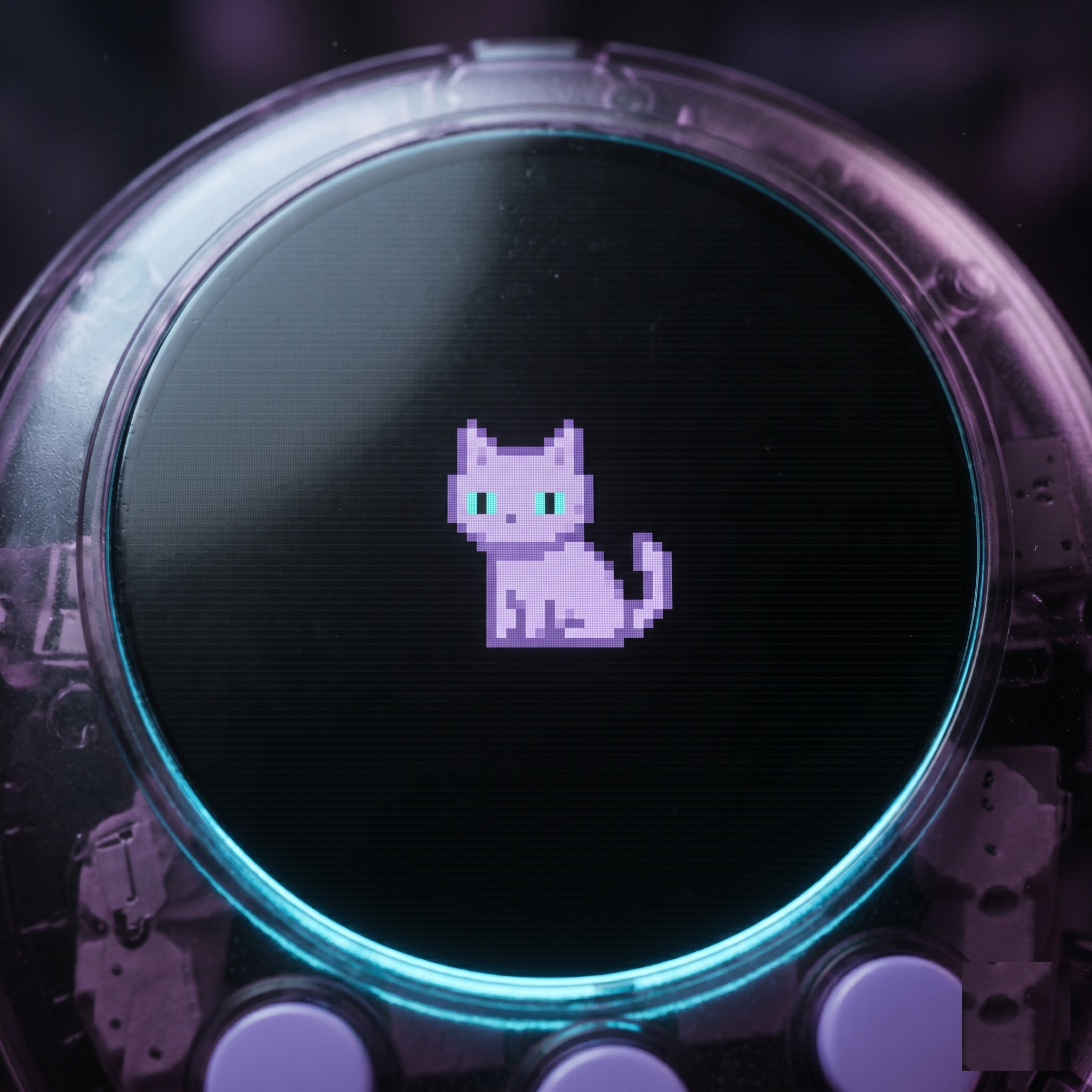 A Push Pets device screen showing a pixel cat creature