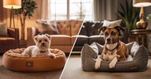 Split-screen of two cozy living rooms: one with a circular dog bed and the other with a square dog bed, featuring dogs of various breeds lounging on each.